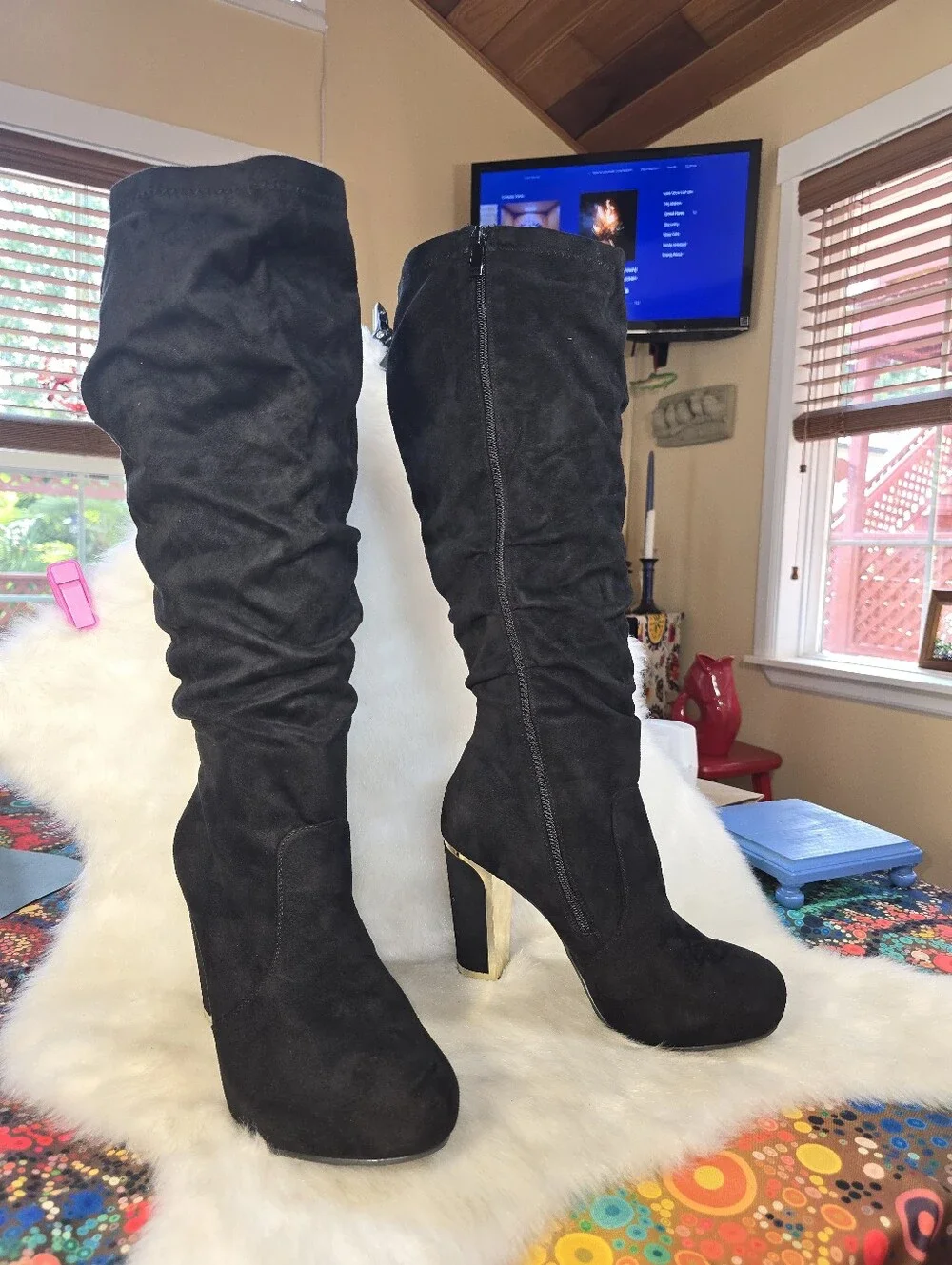 Torrid Faux Suede Metalic-Heeled Slouch Boots